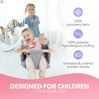 Canvas Baby Swing Wooden Hanging Swing Seat Chair With Safety Belt Durable Baby Swing Chair Outdoor And Indoor Swing For Kids Mounting Hardware Included Taupe Gray