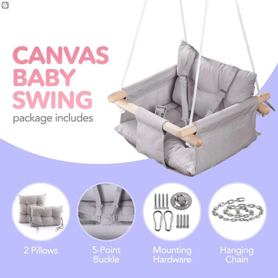 Canvas Baby Swing Wooden Hanging Swing Seat Chair With Safety Belt Durable Baby Swing Chair Outdoor And Indoor Swing For Kids Mounting Hardware Included Taupe Gray
