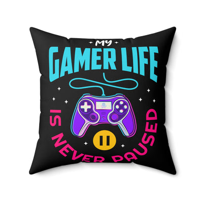 Gamer Fresh | My Gamer Life Never Pauses | Spun Square Midnight Black | Bed/Couch Pillow