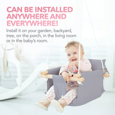 Canvas Baby Swing Wooden Hanging Swing Seat Chair With Safety Belt Durable Baby Swing Chair Outdoor And Indoor Swing For Kids Mounting Hardware Included Taupe Gray