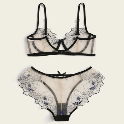 Women's Mesh Cosplay Embroidered Sheer Lingerie Set