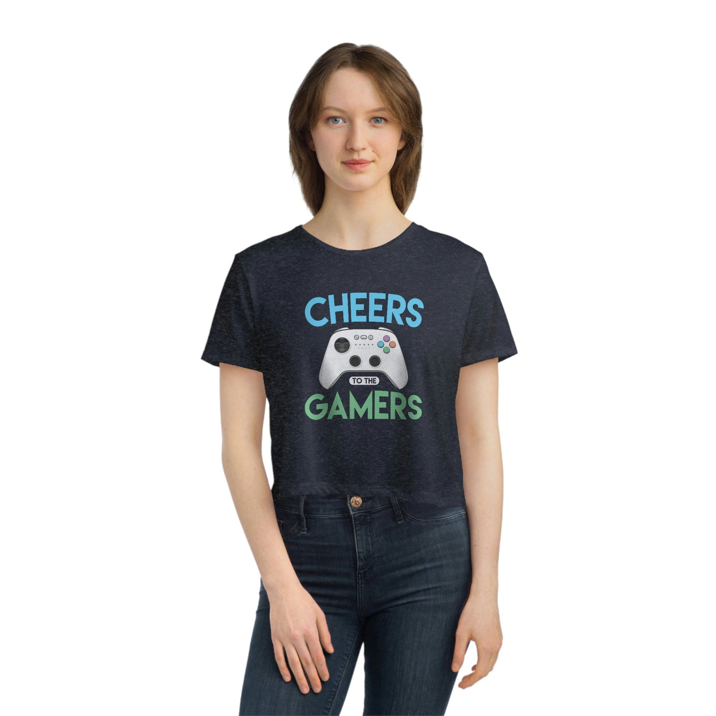 Cheers To The Gamers Women's Heather Navy Blue Flowy Cropped Tee